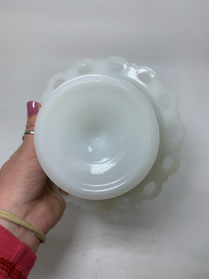 FOOTED MILK GLASS CANDY DISH W/ PIERCED EDGE.