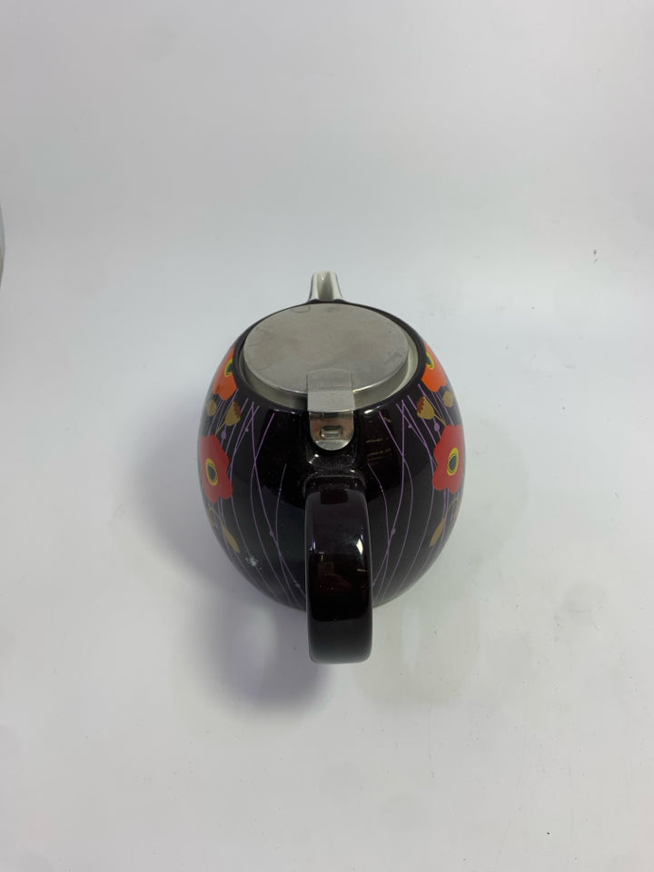 BROWN TEAPOT W/ ASSORTED FLOWERS + MESH STRAINER.