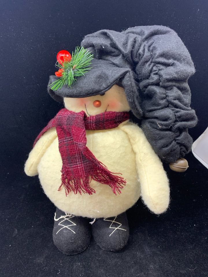 PLUSH STANDING SNOWMAN IN BLACK HAT.