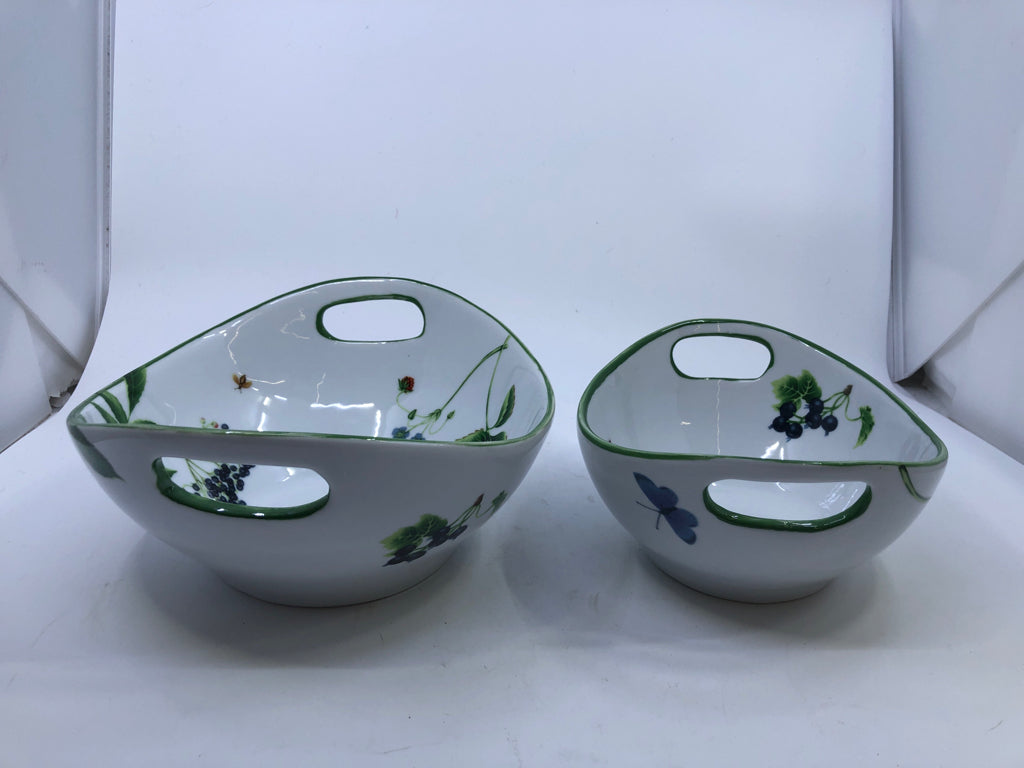 2 NESTING BOWLS W/FRUITS INSECTS WHITE GREEN RIM W/ HANDS.