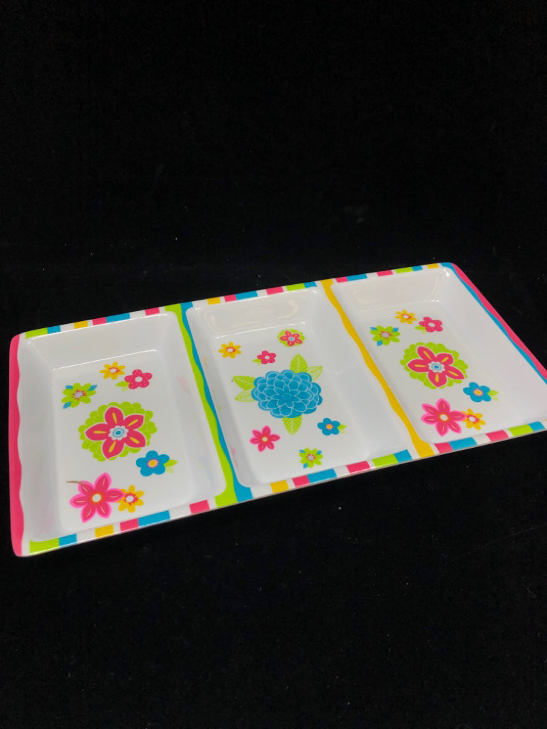 PINK & BLUE FLORAL 3 DISH SERVING PLATTER.