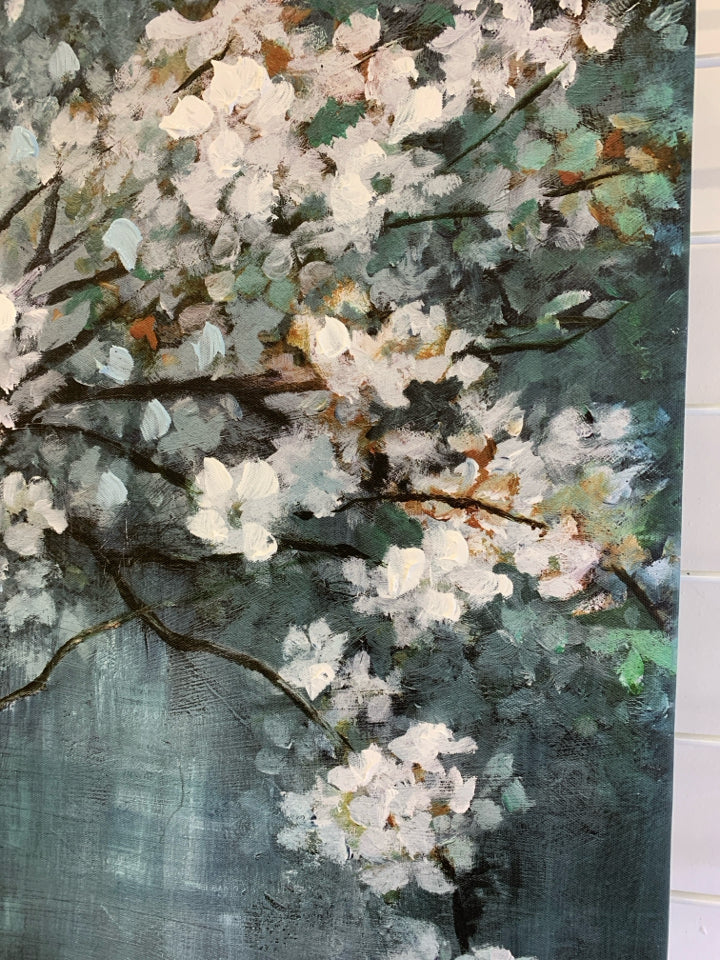 DOGWOOD TREE CANVAS PRINT TEAL BACKGROUND.