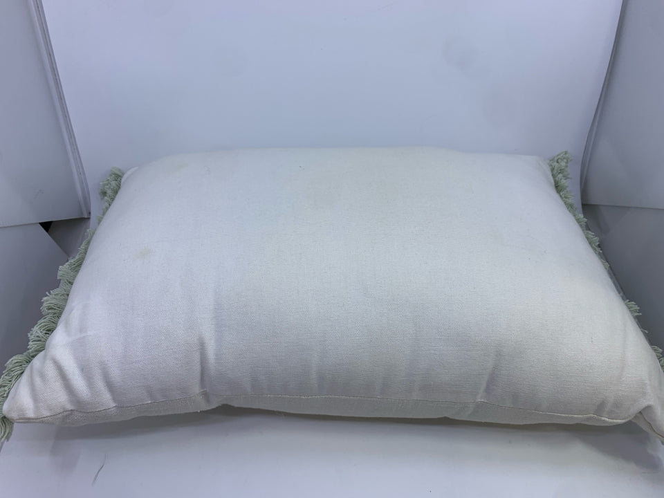 FLORAL STITCHED ACCENT PILLOW W/GREEN FRINGE.