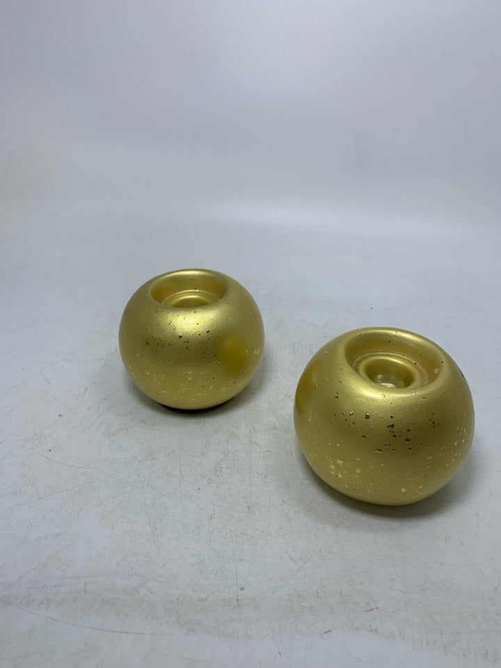 2 GOLD SPHERE TEXTURED TAPERED CANDLE HOLDERS.