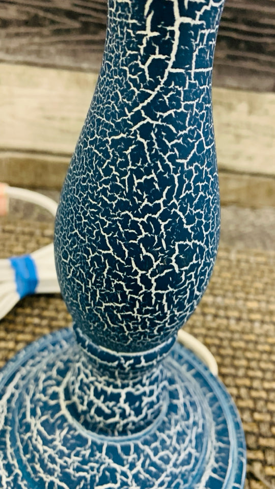 DARK BLUE CRACKLE BASE LAMP W WHITE SHADE.