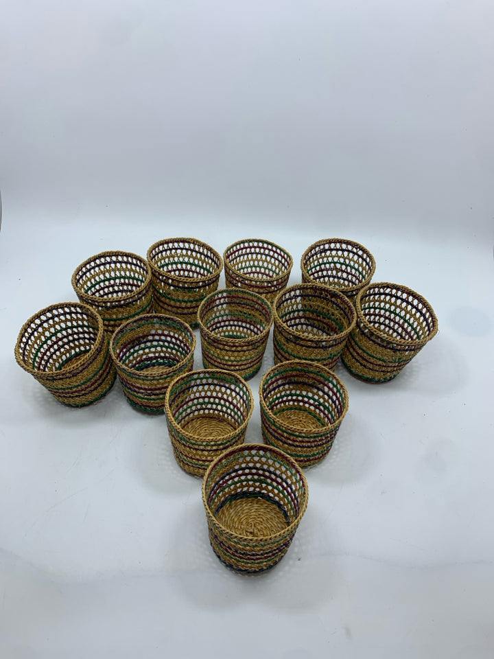 12 BASKET WEAVE RATTAN CUPS SLEEVES.