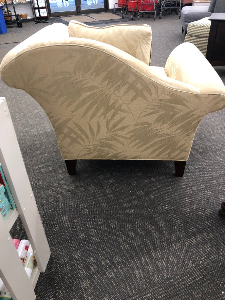 CREAM W/LEAF PRINT ACCENT CHAIR CURVED BACK & PILLOW,ORIGINAL PAPERS INCLUDED.