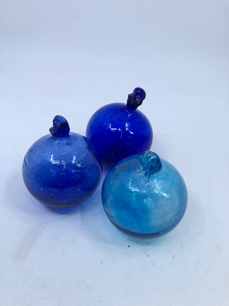 3 BLUE BULB GLASS ORNAMENTS.