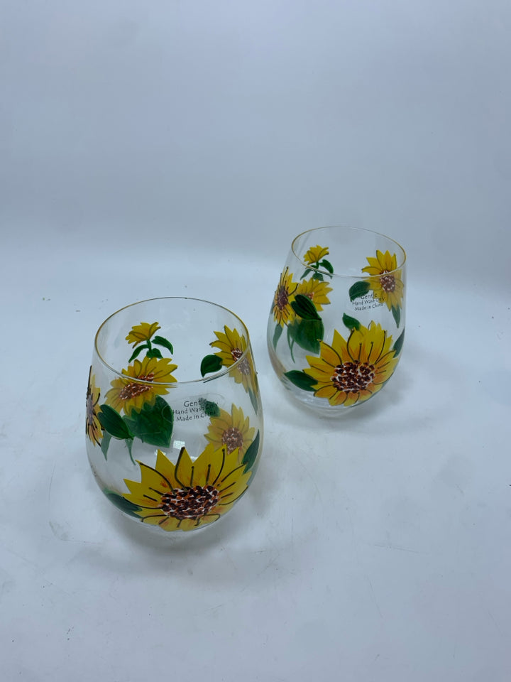 2 STEMLESS SUNFLOWER PAINTED GLASSES.