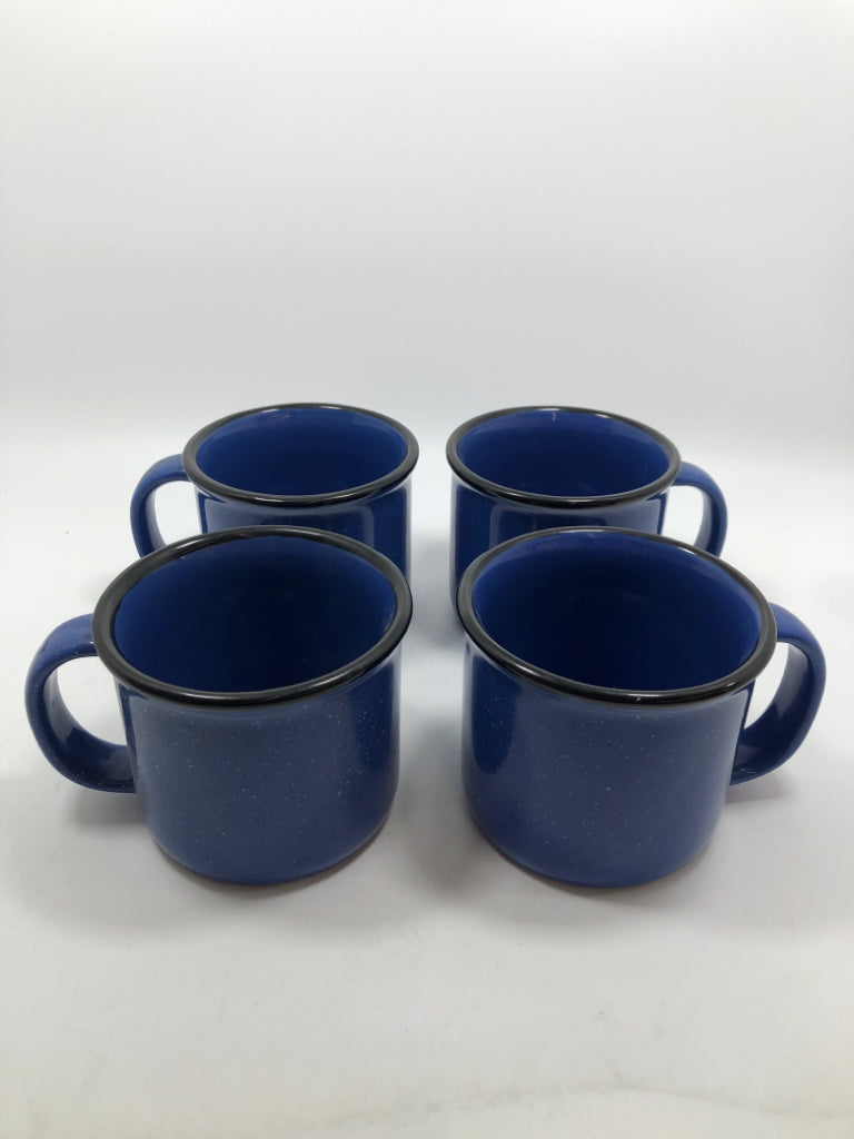4 BLUE SPECKLE MUGS W/BLACK RIM.