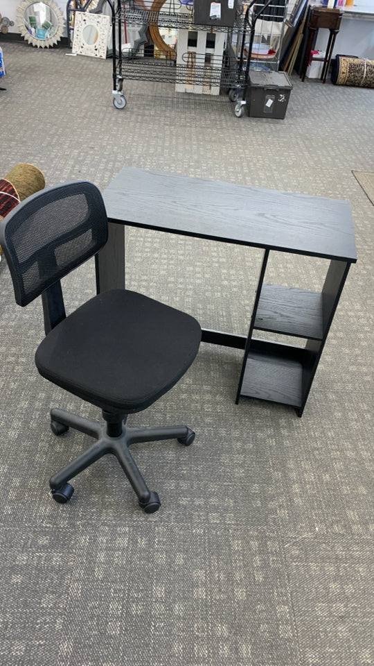 BLACK WOOD DESK + ROLLING DESK CHAIR.