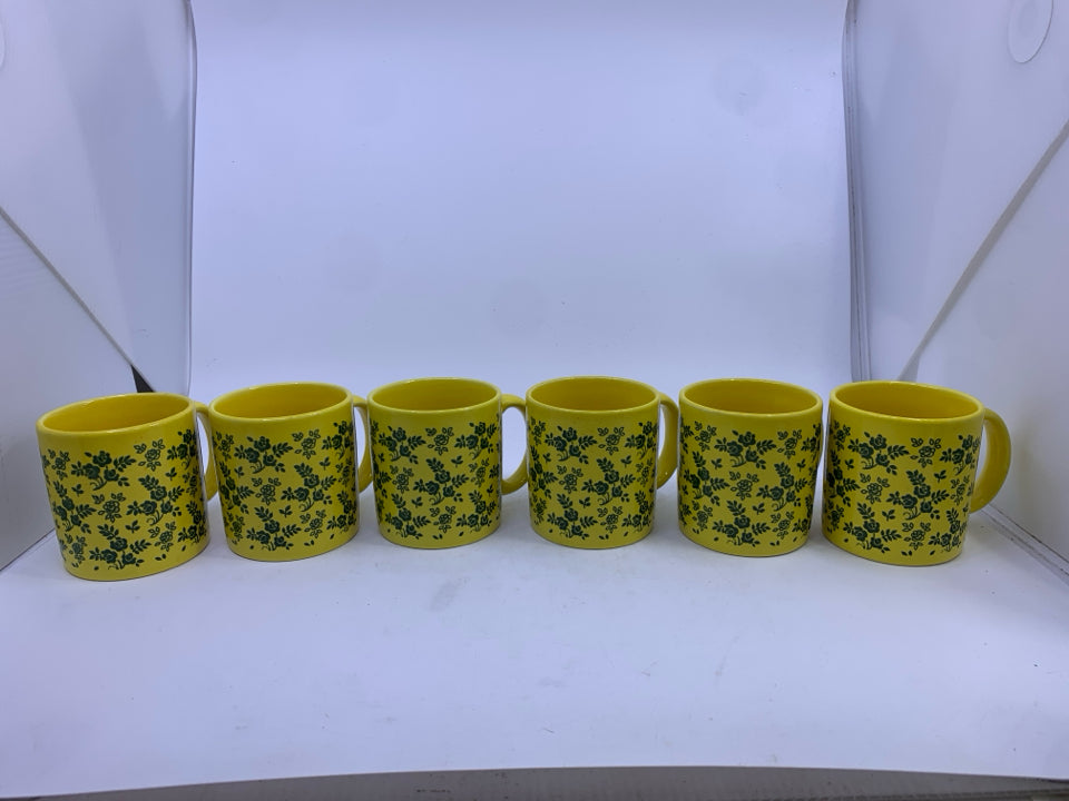 6 YELLOW W/GREEN FLOWERS MUGS.