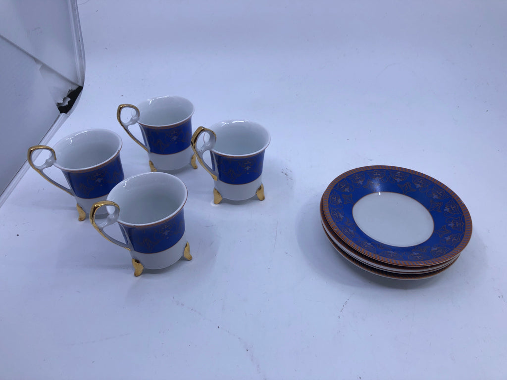 8 PC VTG FOOTED DEMITASSE CUPS+SAUCERS BLUE W/ GOLD DETAILS.