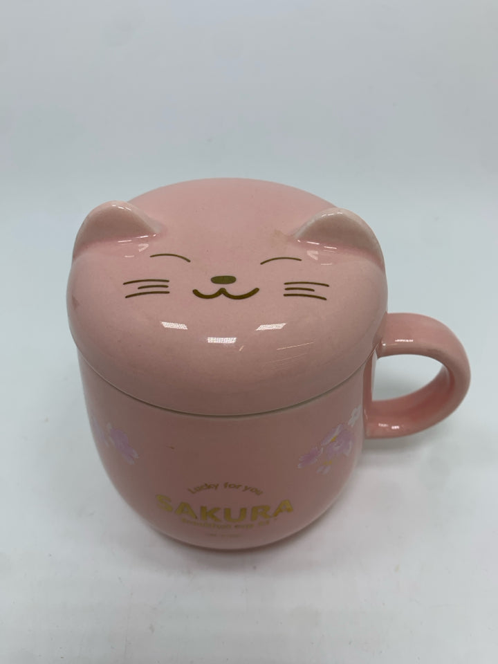 SAKURA PINK CAT MUG W/LID.