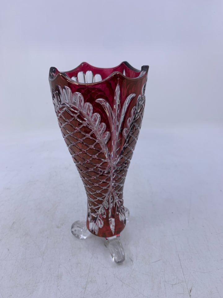 FOOTED RED/CLEAR CUT GLASS VASE.