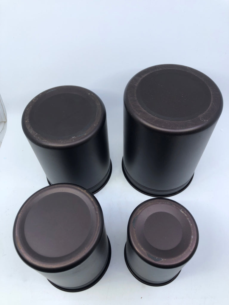 4 BROWN METAL CANISTERS.