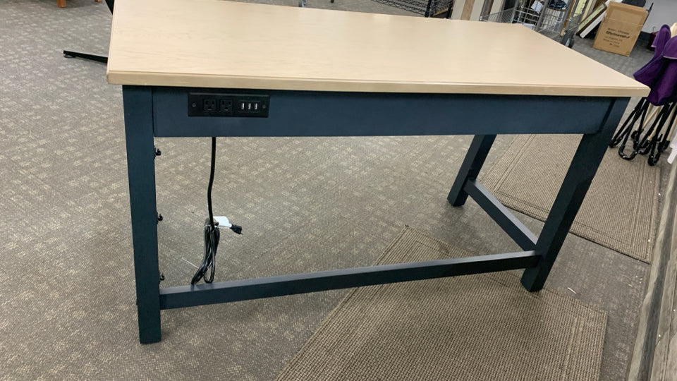 2-TONED WOOD-TOP BLACK DESK W/INDUSTRIAL HANDLES.