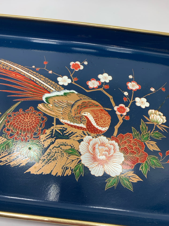 BIRDS PAINTED PLASTIC TRAY W/GOLD TRIM.