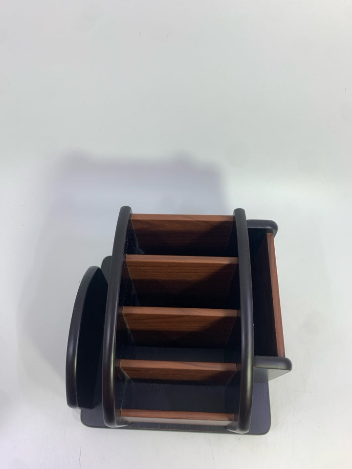 BLACK/WOOD ROTATING DESK ORGANIZER.
