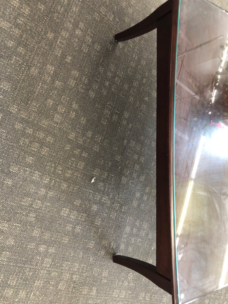 DARK WOOD COFFEE TABLE W/ DRAWER GLASS TOP.
