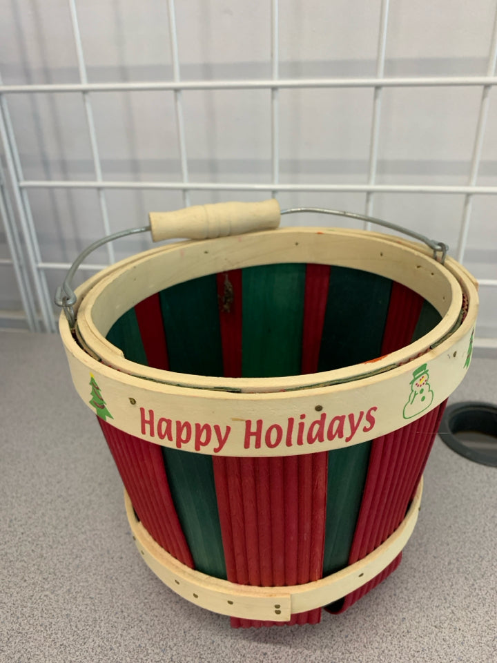 HAPPY HOLIDAYS WOOD BUCKET W/HANDLE.