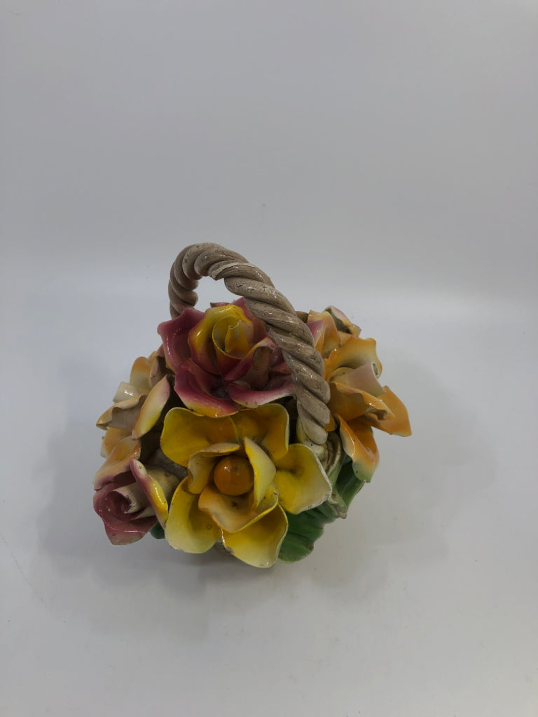 VTG CAPODIMONTE PORCELAIN YELLOW FLOWER BASKET.