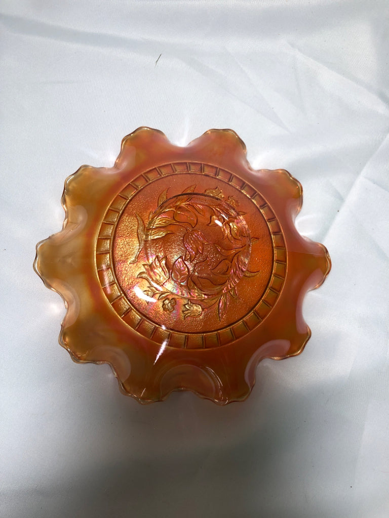 VTG ORANGE GLASS WAVY DISH.