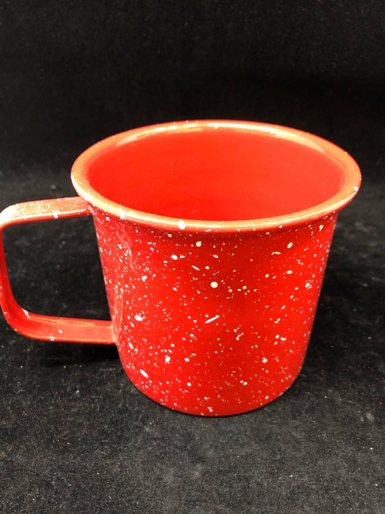 RED TIN MUG W/WHITE SPECKLES.