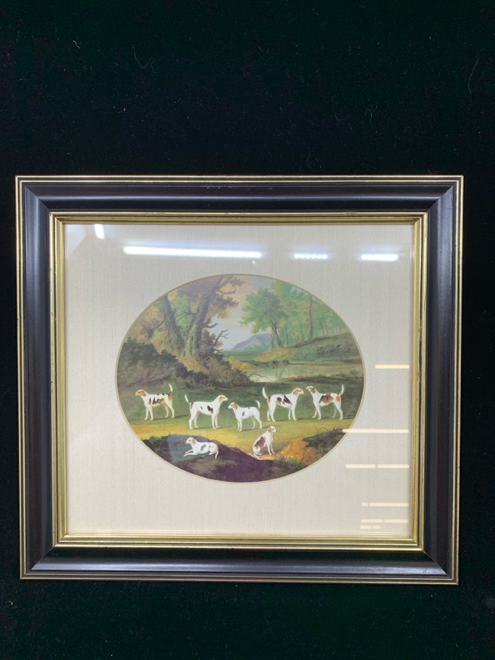 VTG DOG ARTWORK W/7 WHITE SPOTTED DOGS IN BLACK & GOLD FRAME.