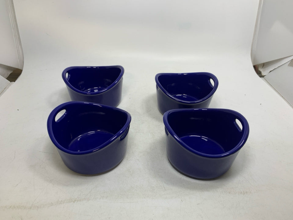 4 COBALT BLUE STONEWARE RAMEKIN W/HANDLES.
