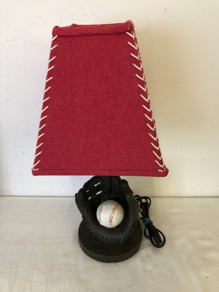 BASEBALL LAMP W RED SHADE.