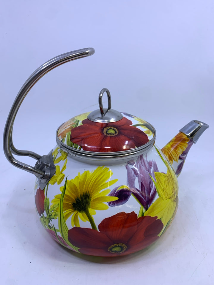 METAL FLORAL TEA KETTLE W/TALL CURVED HANDLE.