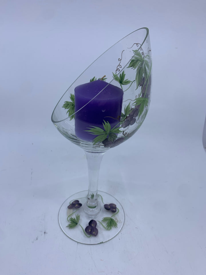 SLANTED GRAPE PAINTED CANDLE HOLDER.