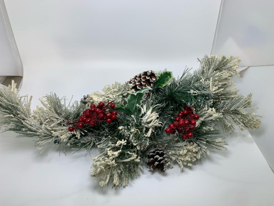 FROSTED PINE BRANCHES W/ BERRIES & PINECONES DOOR HANGER WREATH.