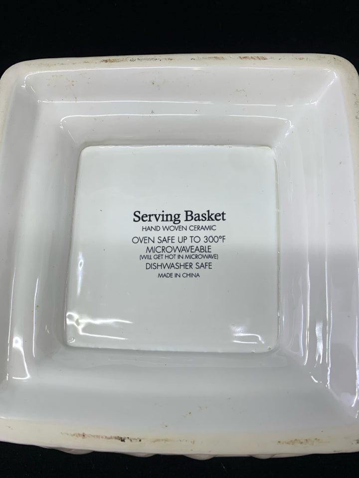 WHITE CERAMIC WOVEN SERVING BASKET.