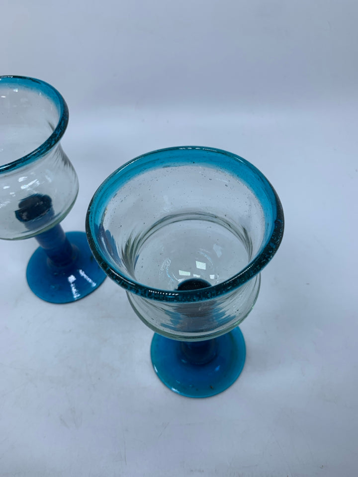 2 HAND BLOWN BLUE STEM WINE GLASSES.