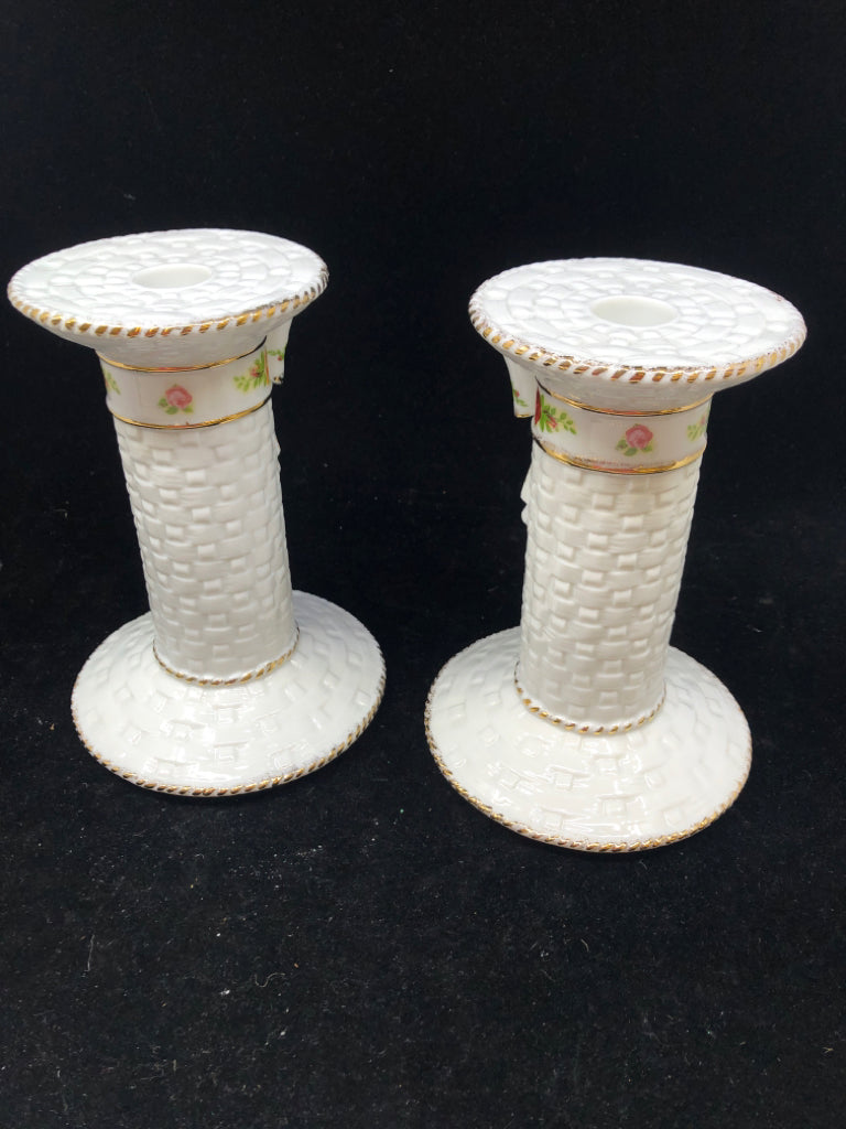 2 WHITE/GOLD TAPER OLD COUNTRY ROSES BASKETWEAVE CANDLE HOLDERS.