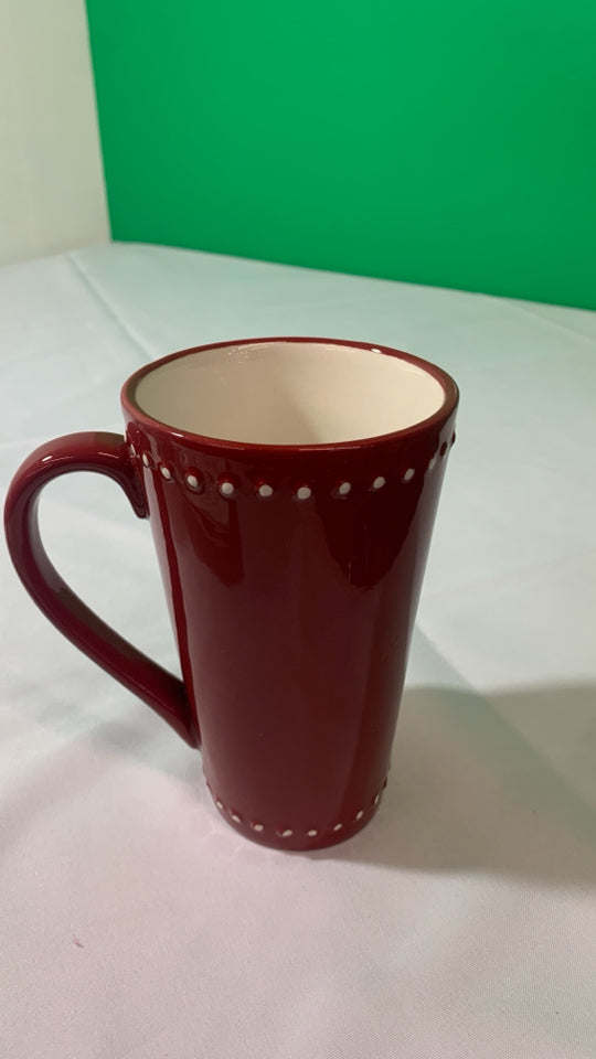 RED TALL MUG W/ EMBOSSED SNOWMAN.