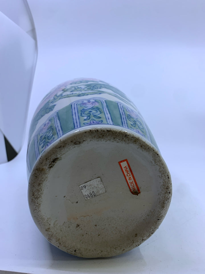 LARGE ASIAN STYLE FLOOR VASE W/ PINK FLOWERS GREEN DESIGNS.