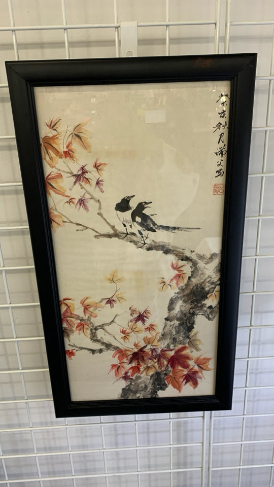 WATERCOLOR BIRDS ON LEAF BRANCH IN BLACK FRAME.