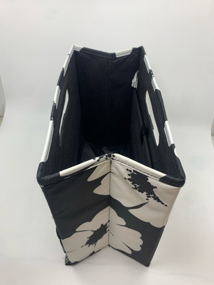 BLACK W/WHITE FLOWERS FABRIC MAGAZINE BIN.