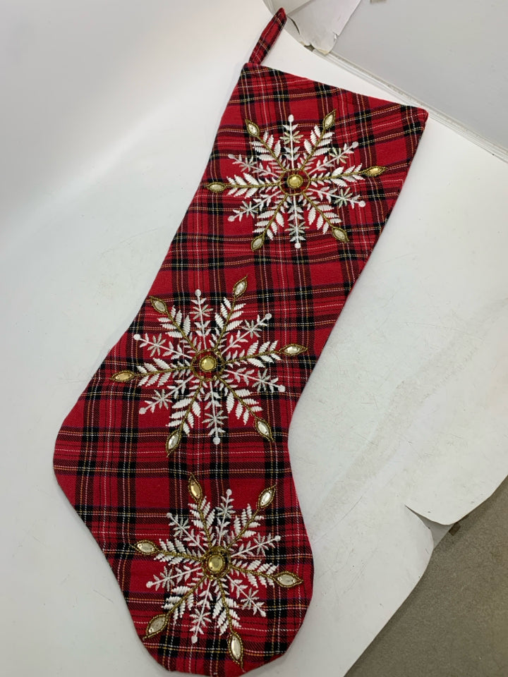 RED PLAID W/ BEADED SNOWFLAKES STOCKING.