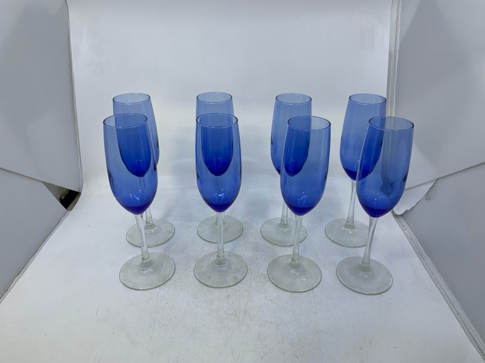 8 CLEAR STEM W/ BLUE BASE CHAMPAGNE GLASSES.