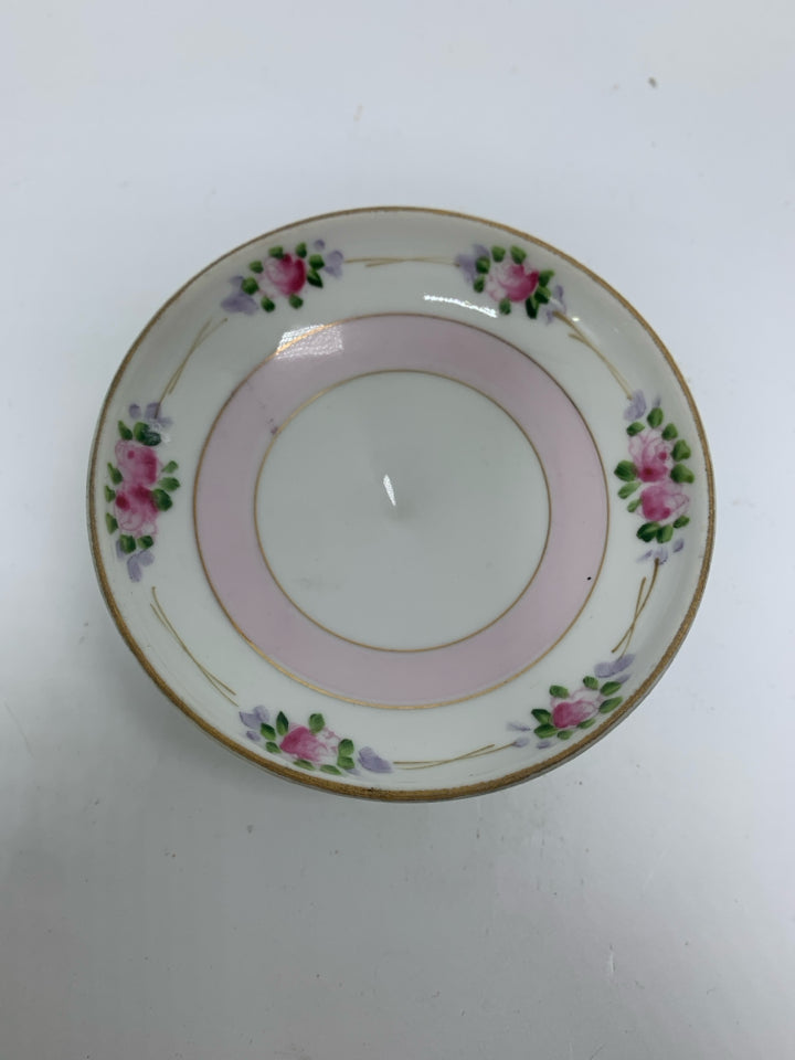 FOOTED MINI CAKE STAND RING CATCH PINK BAND/FLOWERS.