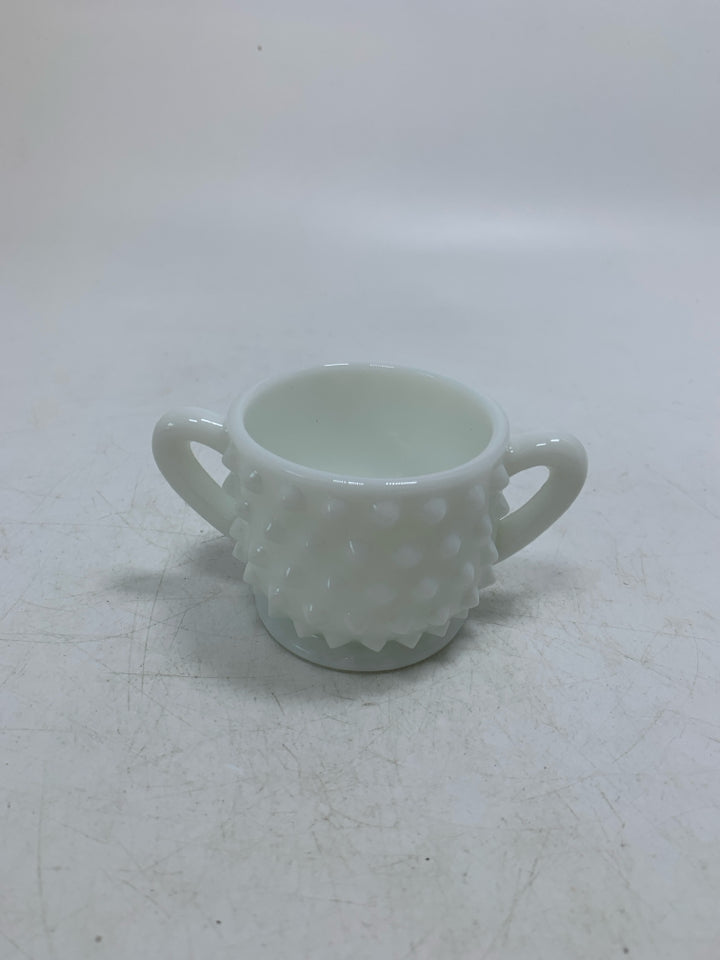MILK GLASS MINI HOBNAIL SUGAR BOWL W/ HANDLES.