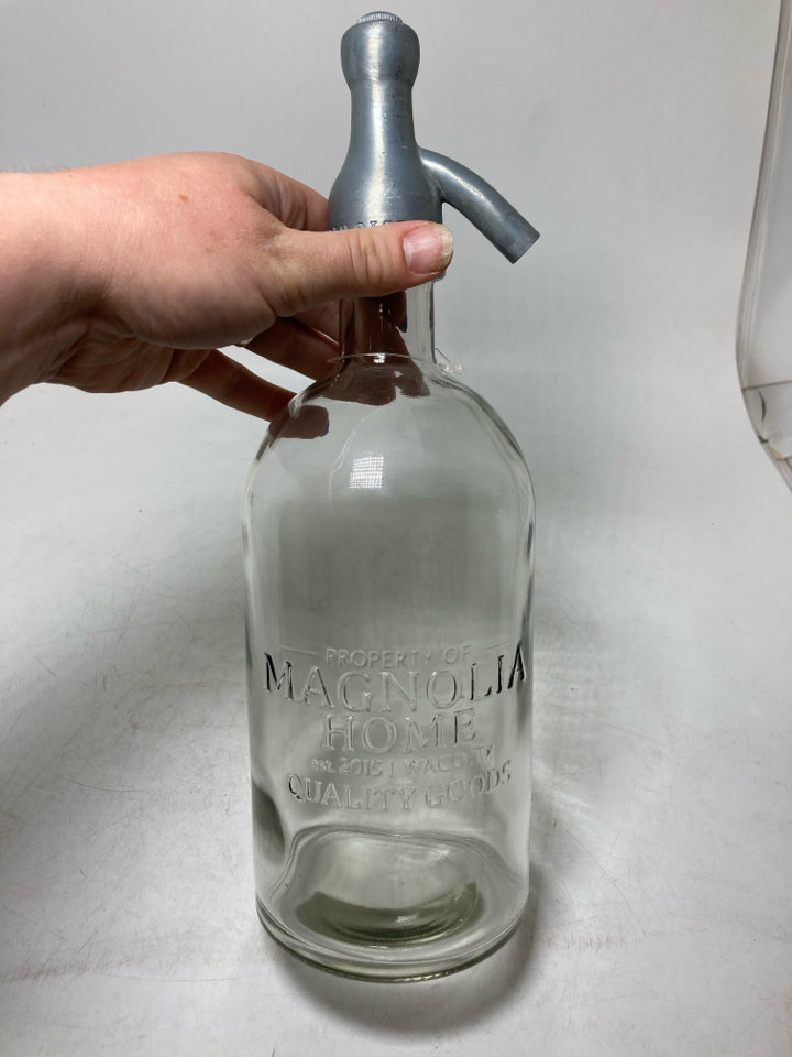 LARGE GLASS SOAP DISPENSER W/ METAL TOP.