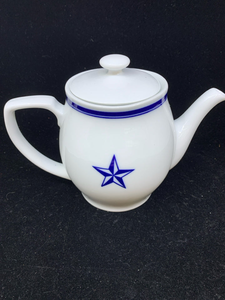 BLUE AND WHITE TEA POT.