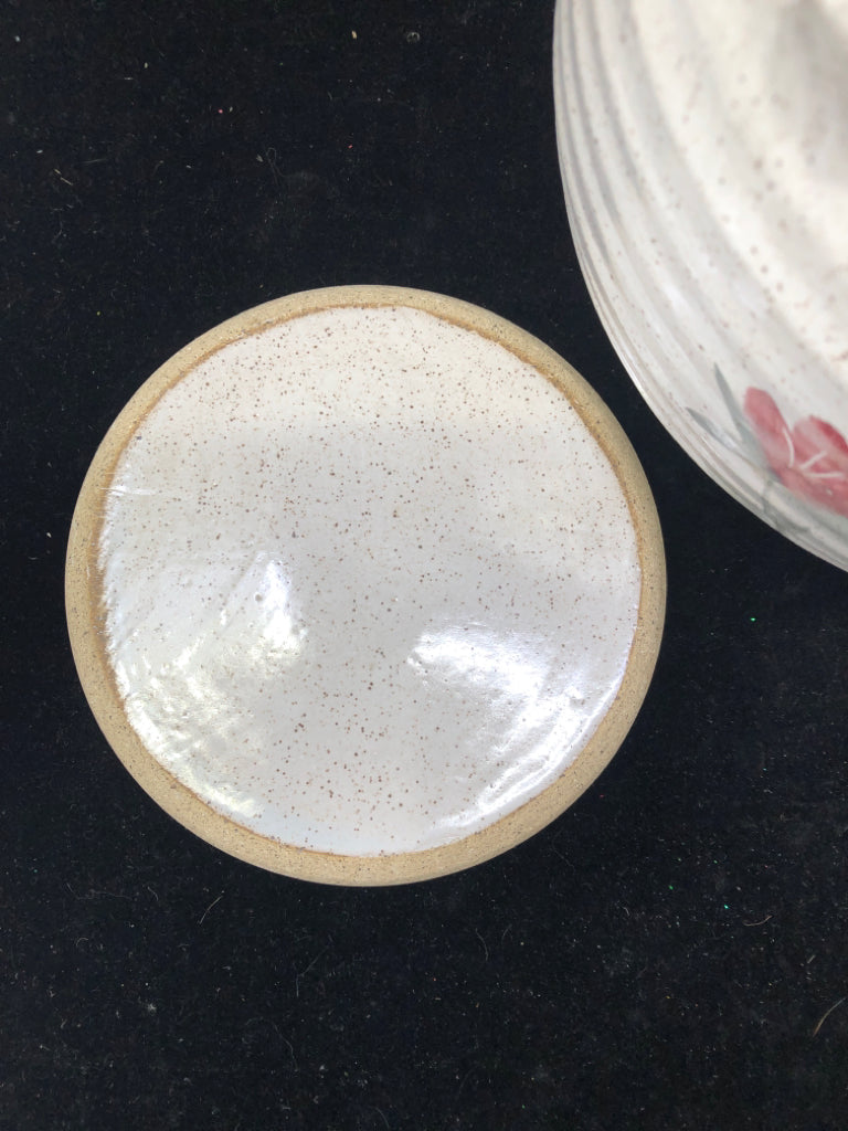 LARGE POTTERY CANISTER WHITE SPECKLED PINK FLOWERS.