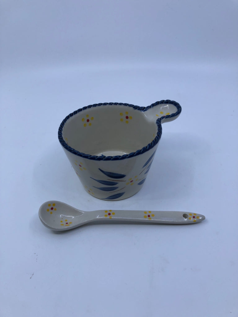 PETITE SERVING BOWL WITH SPOON CREAM,BLUE,YELLOW FLOWERS.