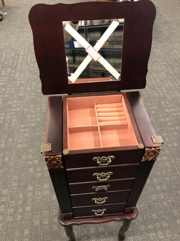 CHERRY WOOD JEWELRY ARMOIRE W/FLIP TOP 4 DRAWERS.